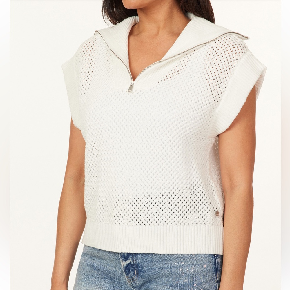 Scotch & Soda Women White Crochet Knit 1/4 Zip Cap Sleeve Sweater Sugar Sizzle L